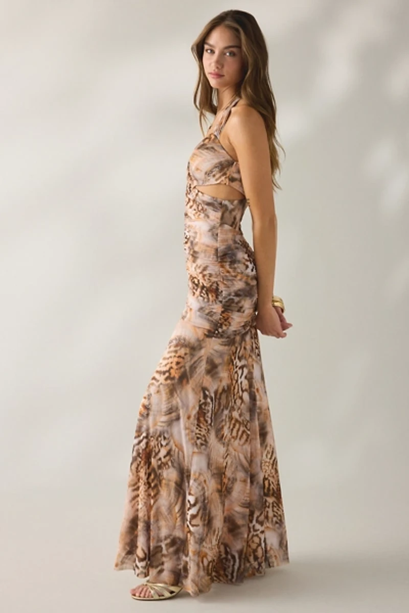 AFRM Lynn Ember Swirl Shell Ruched Side Cutout Halter Maxi Dress