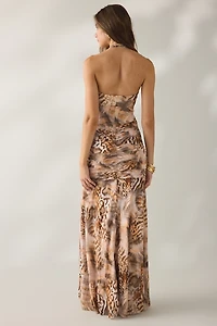 AFRM Lynn Ember Swirl Shell Ruched Side Cutout Halter Maxi Dress