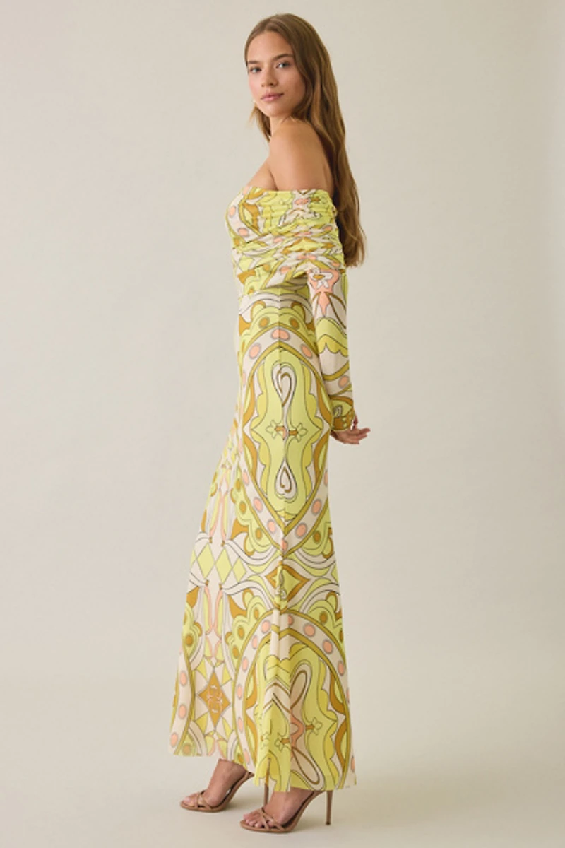 AFRM Thelma Geo Scarf Mesh Off-The-Shoulder Ruched Maxi Dress
