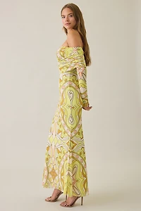 AFRM Thelma Geo Scarf Mesh Off-The-Shoulder Ruched Maxi Dress