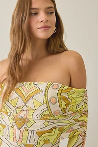 AFRM Thelma Geo Scarf Mesh Off-The-Shoulder Ruched Maxi Dress