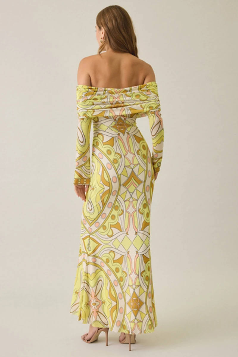 AFRM Thelma Geo Scarf Mesh Off-The-Shoulder Ruched Maxi Dress