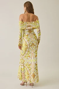 AFRM Thelma Geo Scarf Mesh Off-The-Shoulder Ruched Maxi Dress