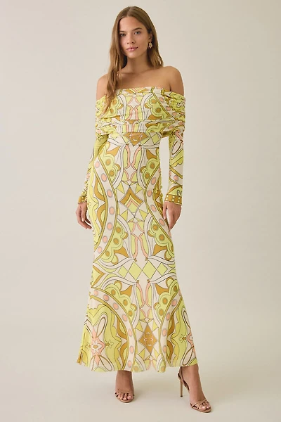 AFRM Thelma Geo Scarf Mesh Off-The-Shoulder Ruched Maxi Dress