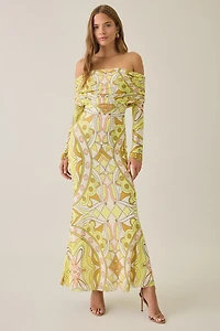 AFRM Thelma Geo Scarf Mesh Off-The-Shoulder Ruched Maxi Dress