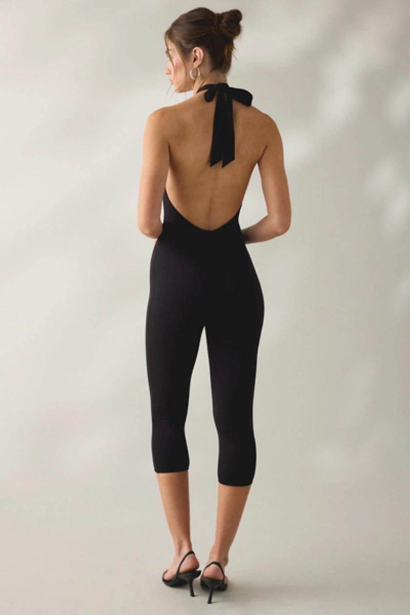 AFRM Patty Noir Backless Halter Capri Catsuit