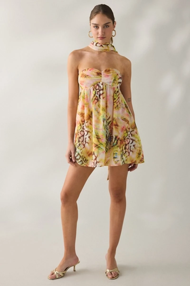 AFRM Whyte Pink Swirl Shell Scarf Detail Mini Dress
