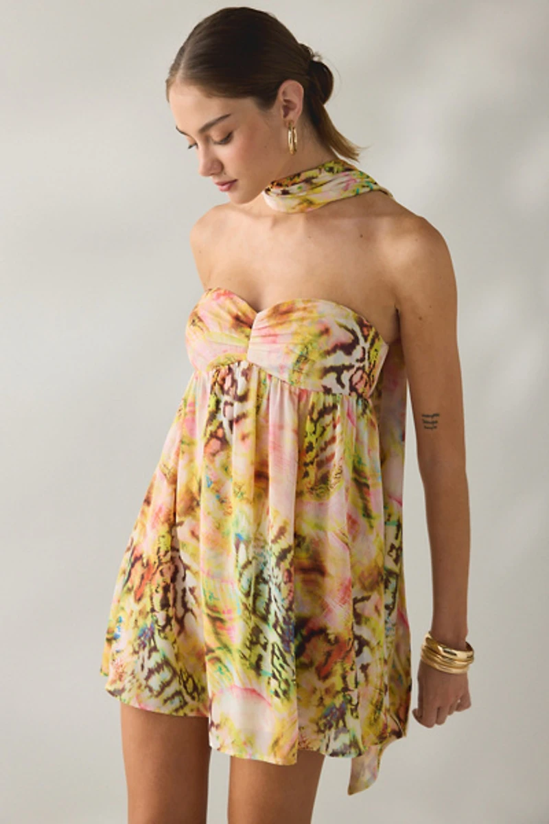 AFRM Whyte Pink Swirl Shell Scarf Detail Mini Dress