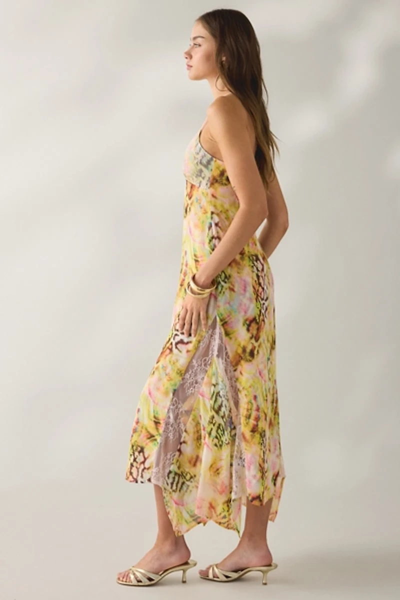 AFRM Christina Pink Swirl Shell Lace Trim Asymmetric Midi Dress