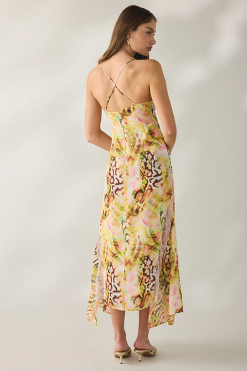 AFRM Christina Pink Swirl Shell Lace Trim Asymmetric Midi Dress