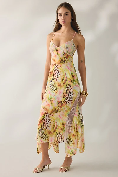 AFRM Christina Pink Swirl Shell Lace Trim Asymmetric Midi Dress