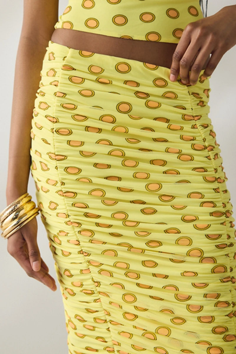 AFRM Noha Deco Dot Mesh Ruched Midi Skirt