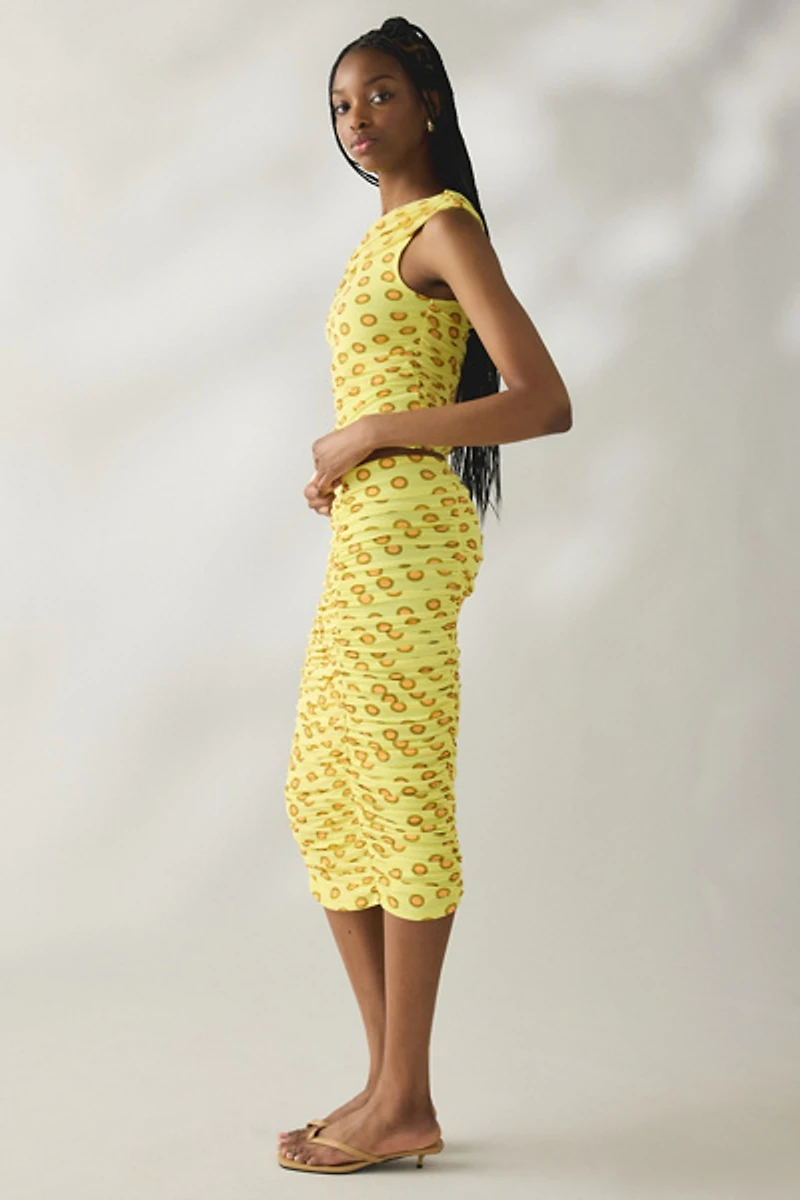 AFRM Noha Deco Dot Mesh Ruched Midi Skirt