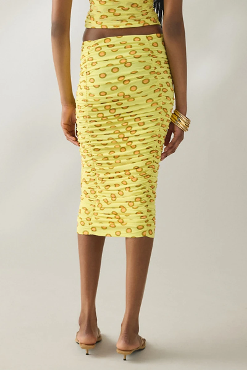 AFRM Noha Deco Dot Mesh Ruched Midi Skirt