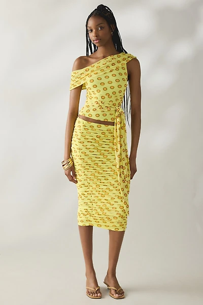 AFRM Noha Deco Dot Mesh Ruched Midi Skirt