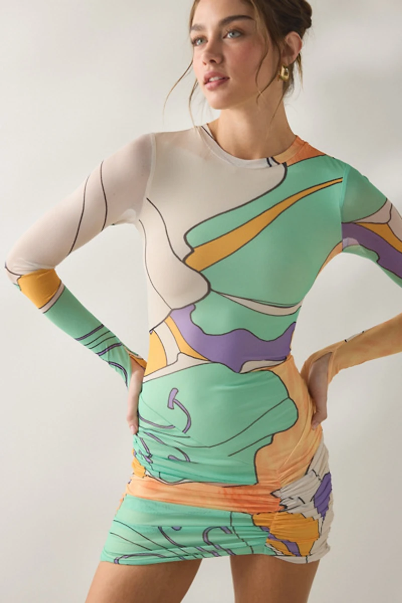 AFRM Mirza Scarf Floral Mesh Long Sleeve Bodycon Mini Dress