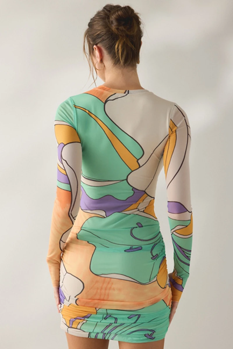 AFRM Mirza Scarf Floral Mesh Long Sleeve Bodycon Mini Dress