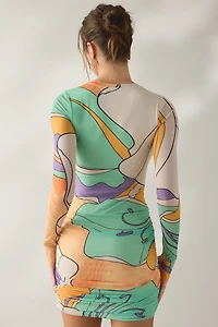 AFRM Mirza Scarf Floral Mesh Long Sleeve Bodycon Mini Dress