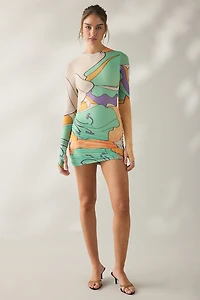 AFRM Mirza Scarf Floral Mesh Long Sleeve Bodycon Mini Dress