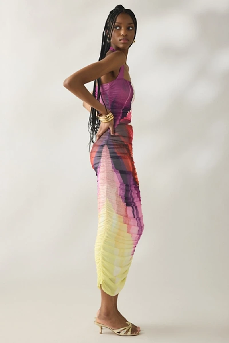 AFRM Indiana Lemon Lotus Mesh Ruched Bodycon Midi Dress