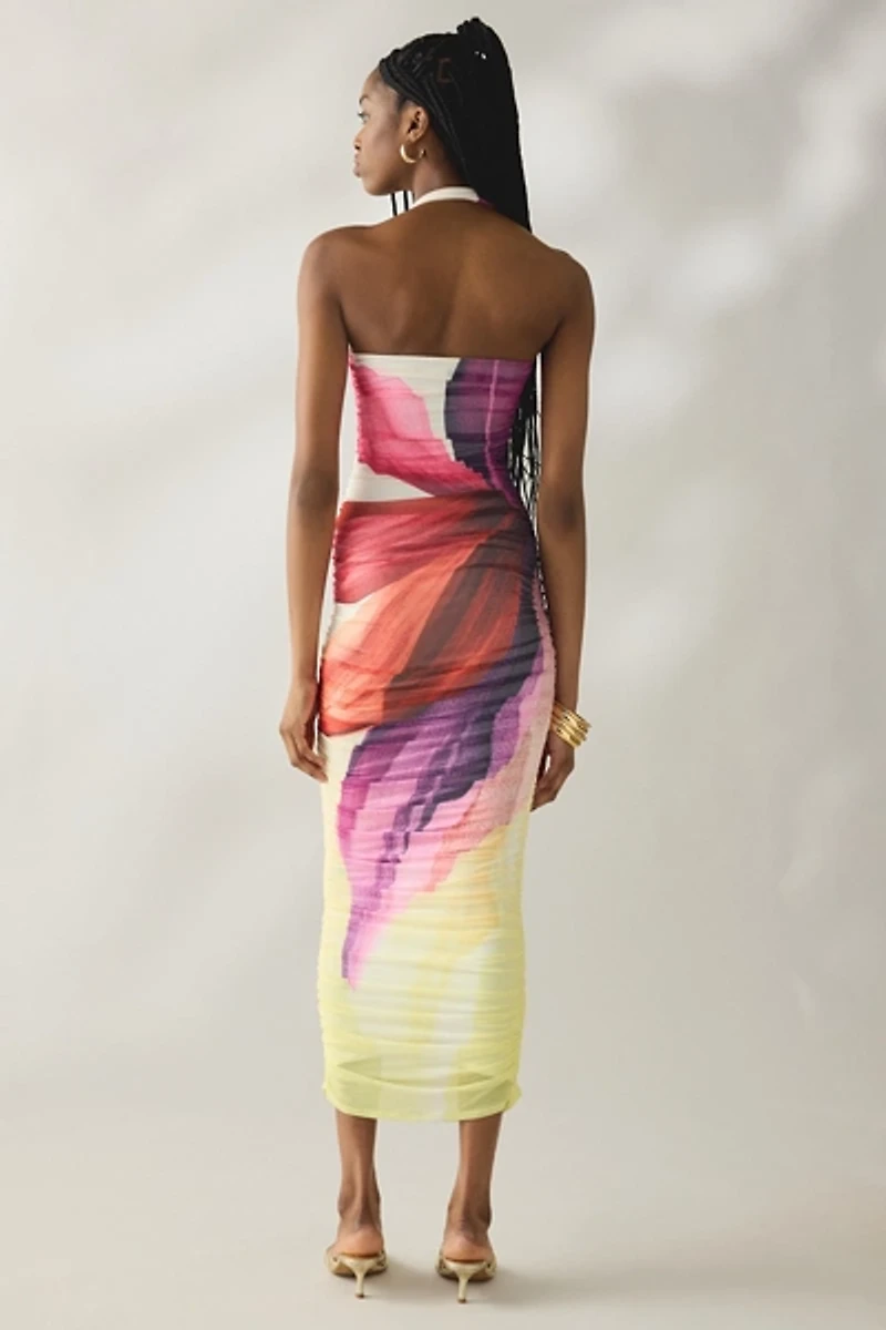 AFRM Indiana Lemon Lotus Mesh Ruched Bodycon Midi Dress