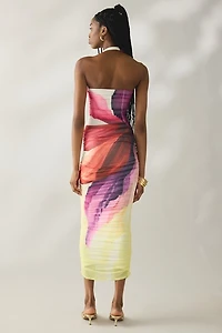 AFRM Indiana Lemon Lotus Mesh Ruched Bodycon Midi Dress