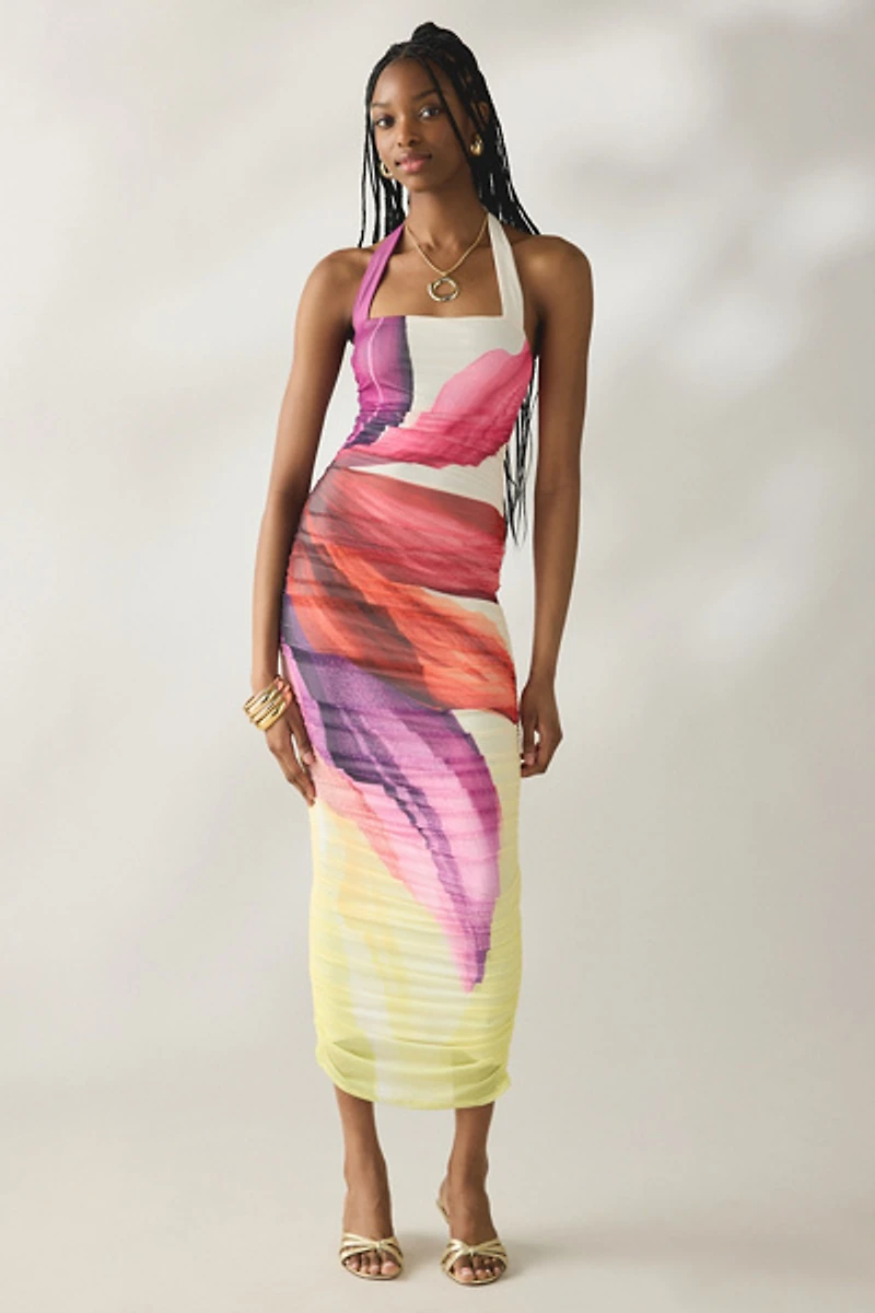 AFRM Indiana Lemon Lotus Mesh Ruched Bodycon Midi Dress
