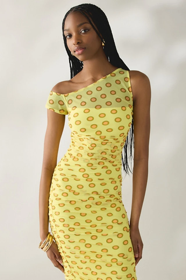 afrm biona asymmetrical ruched dress AFRM Biona Chocolate Halo Dot Ruched Mesh One-Shoulder Midi Dress
