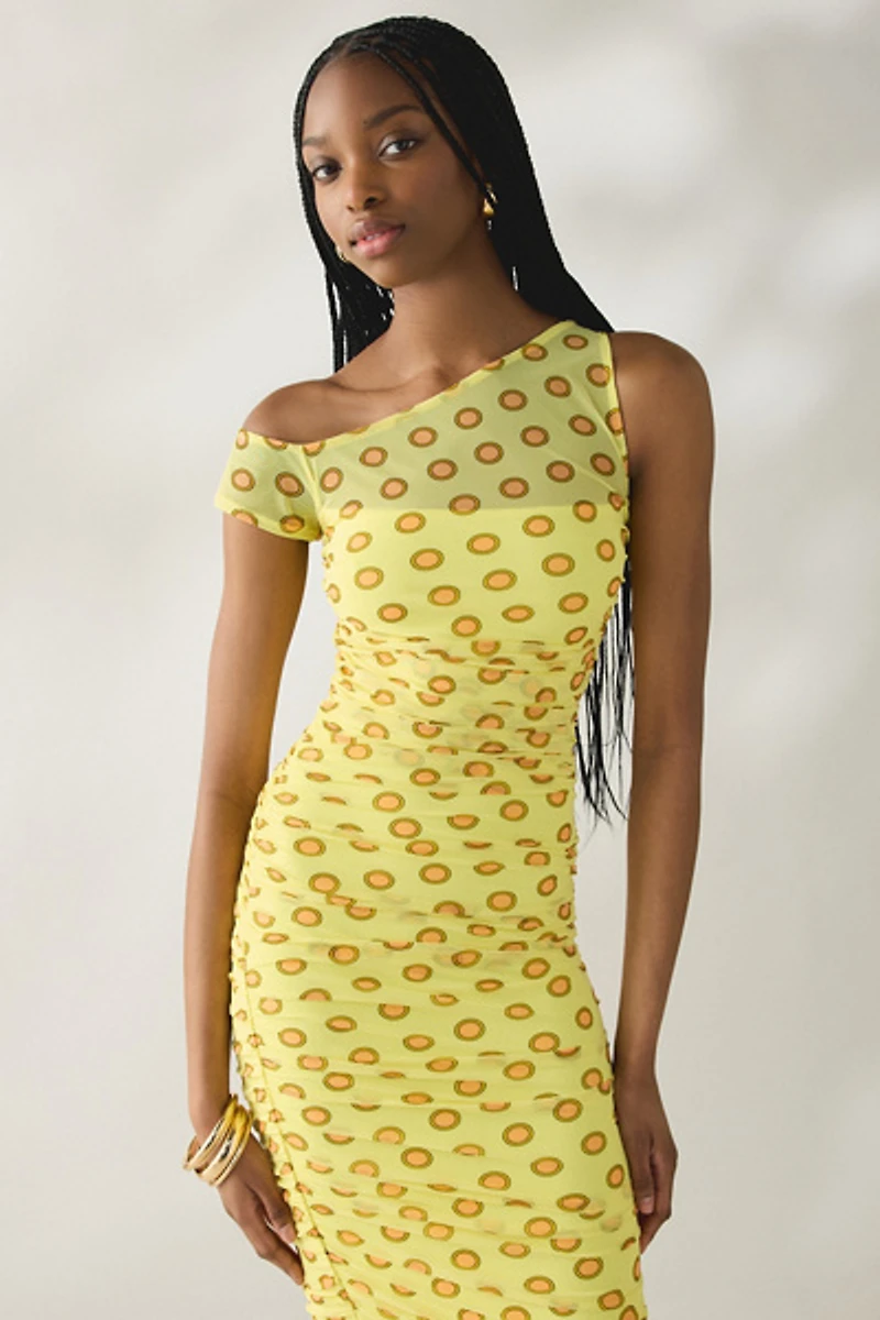 AFRM Biona Deco Dot Ruched Mesh One-Shoulder Midi Dress