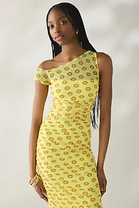 AFRM Biona Deco Dot Ruched Mesh One-Shoulder Midi Dress