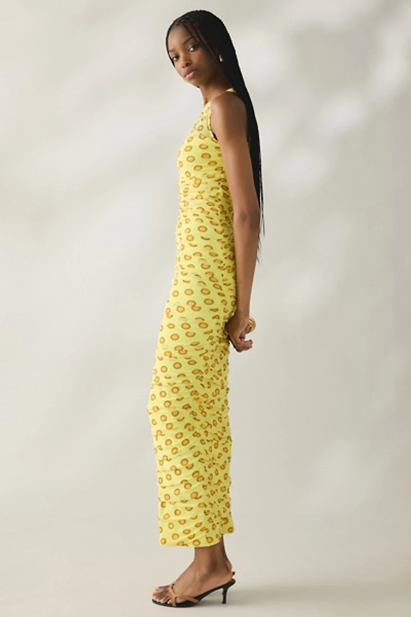 AFRM Biona Deco Dot Ruched Mesh One-Shoulder Midi Dress