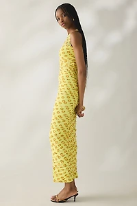 AFRM Biona Deco Dot Ruched Mesh One-Shoulder Midi Dress