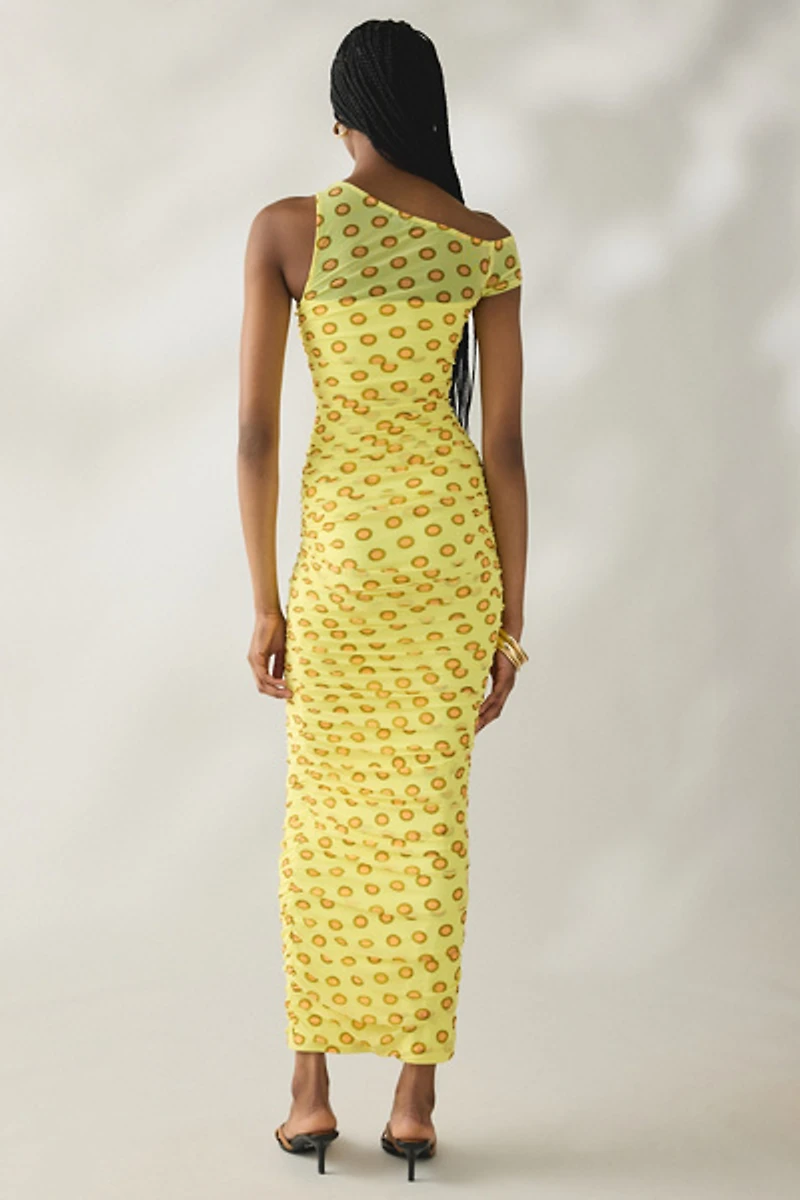 AFRM Biona Deco Dot Ruched Mesh One-Shoulder Midi Dress
