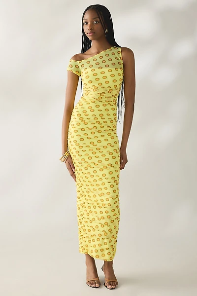 AFRM Biona Deco Dot Ruched Mesh One-Shoulder Midi Dress