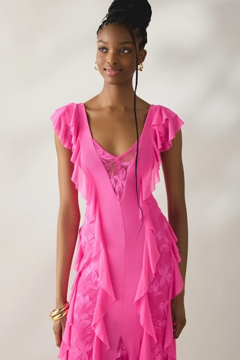 AFRM Trista Brilliant Pink Cascading Ruffle Lace Maxi Dress