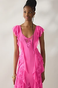 AFRM Trista Brilliant Pink Cascading Ruffle Lace Maxi Dress