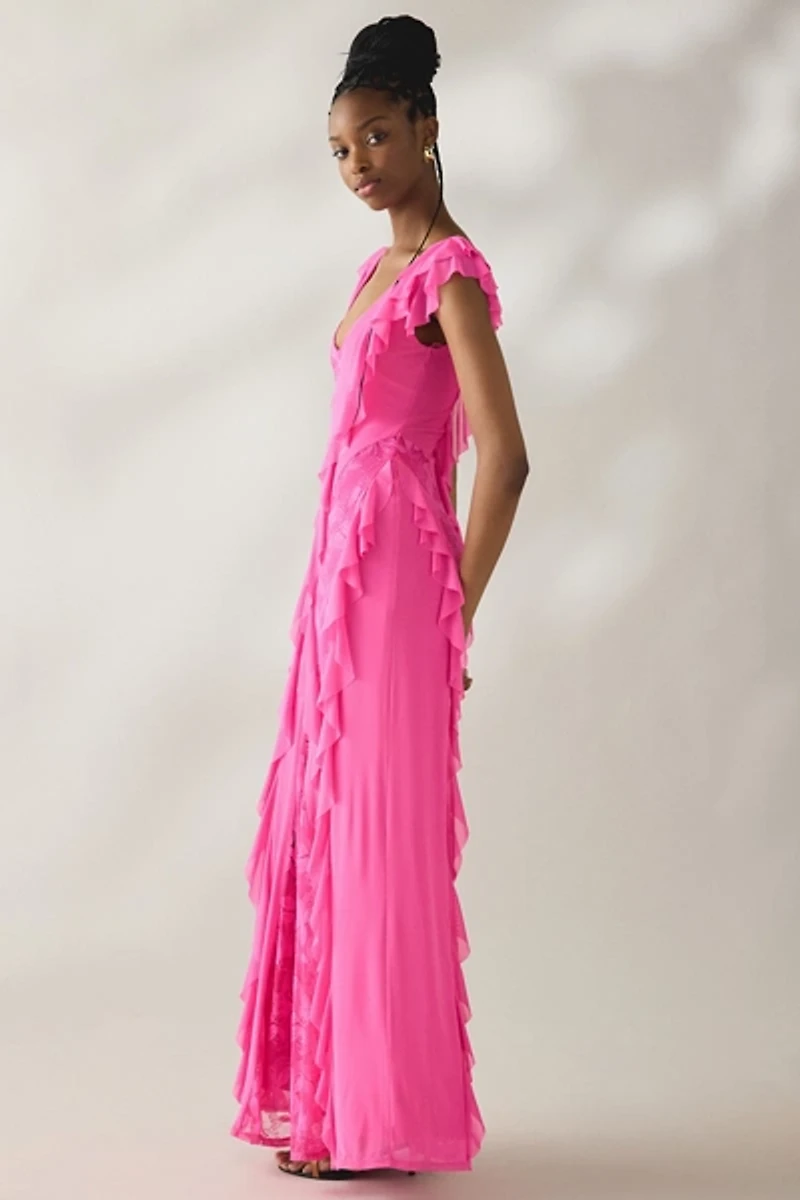 AFRM Trista Brilliant Pink Cascading Ruffle Lace Maxi Dress