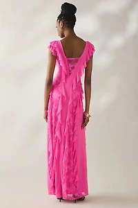 AFRM Trista Brilliant Pink Cascading Ruffle Lace Maxi Dress