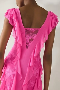 AFRM Trista Brilliant Pink Cascading Ruffle Lace Maxi Dress