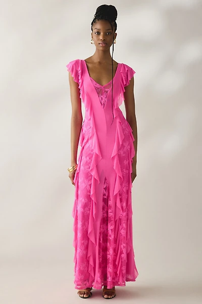 AFRM Trista Brilliant Pink Cascading Ruffle Lace Maxi Dress