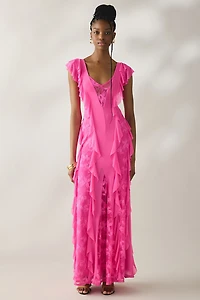 AFRM Trista Brilliant Pink Cascading Ruffle Lace Maxi Dress