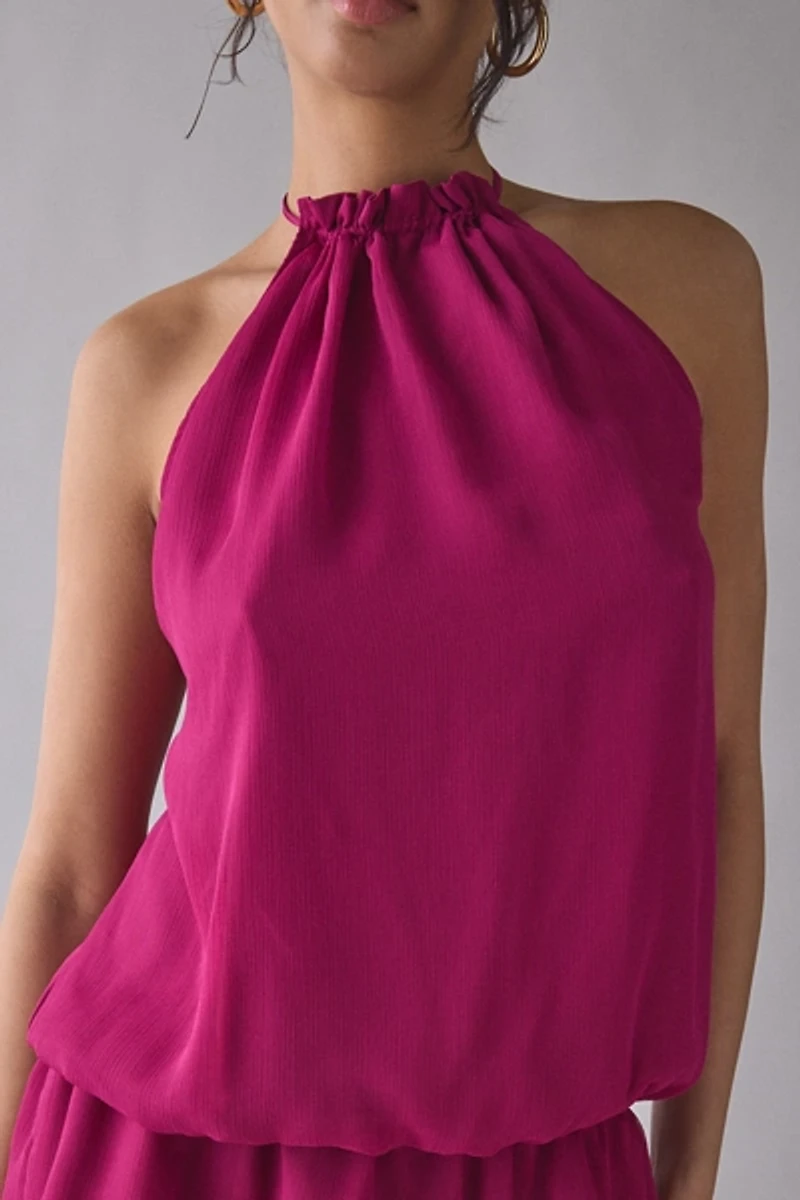 Motel Veloria Dark Rose Chiffon High-Neck Halter Mini Dress