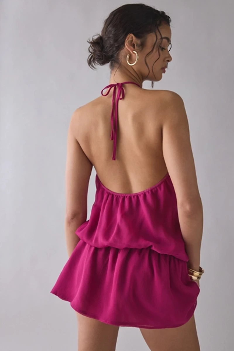 Motel Veloria Dark Rose Chiffon High-Neck Halter Mini Dress