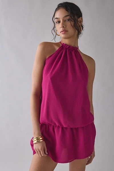 Motel Veloria Dark Rose Chiffon High-Neck Halter Mini Dress