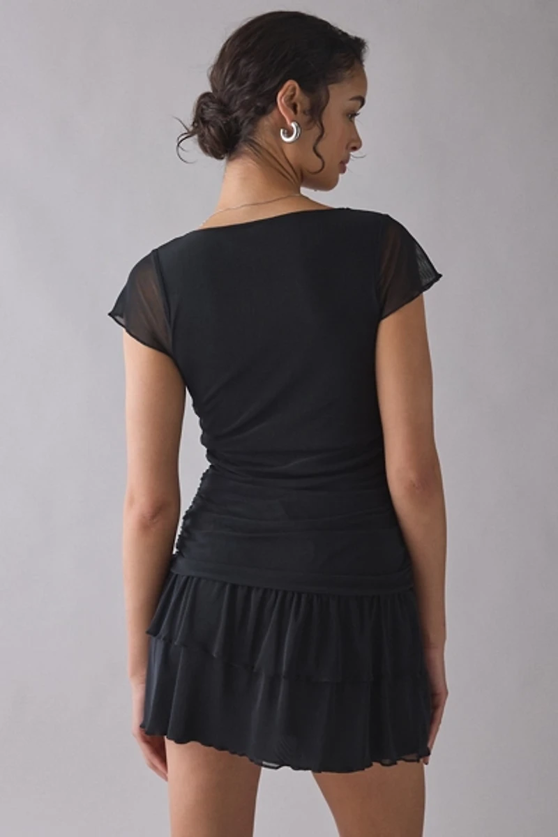 Motel Mowgil Cap Sleeve Drop Waist Mesh Mini Dress