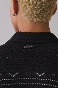 Honor The Gift Pointelle Knit Polo Collar Short Sleeve Sweater