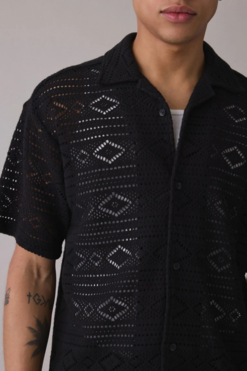 Honor The Gift Pointelle Knit Polo Collar Short Sleeve Sweater