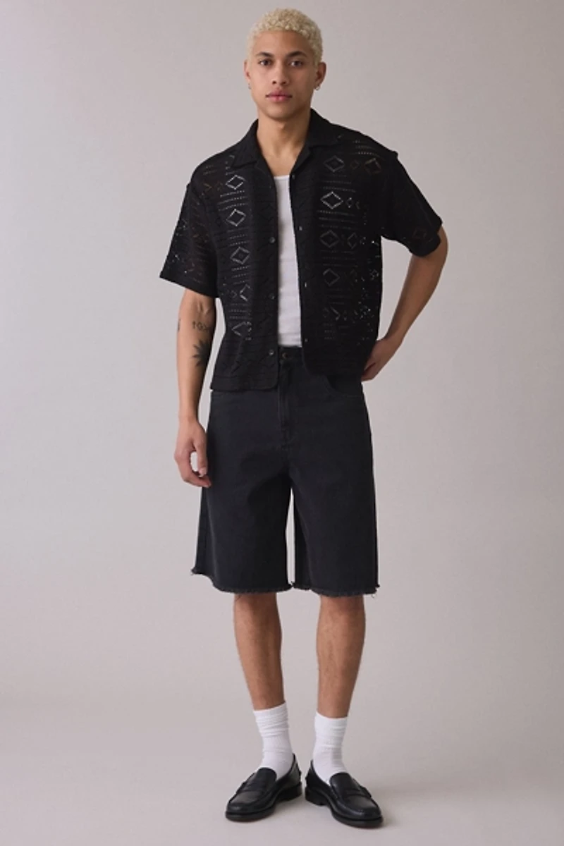 Honor The Gift Pointelle Knit Polo Collar Short Sleeve Sweater