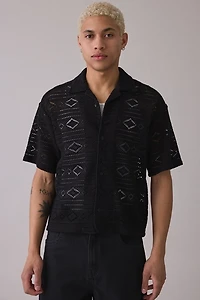 Honor The Gift Pointelle Knit Polo Collar Short Sleeve Sweater