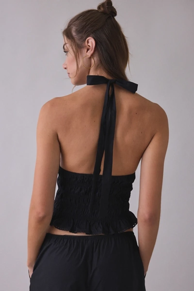 NIA Filippo Smocked Plunging Halter Top